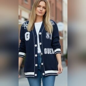 GUESS Womens Navy Blue Fleece Varsity Cardigan Button Size S.